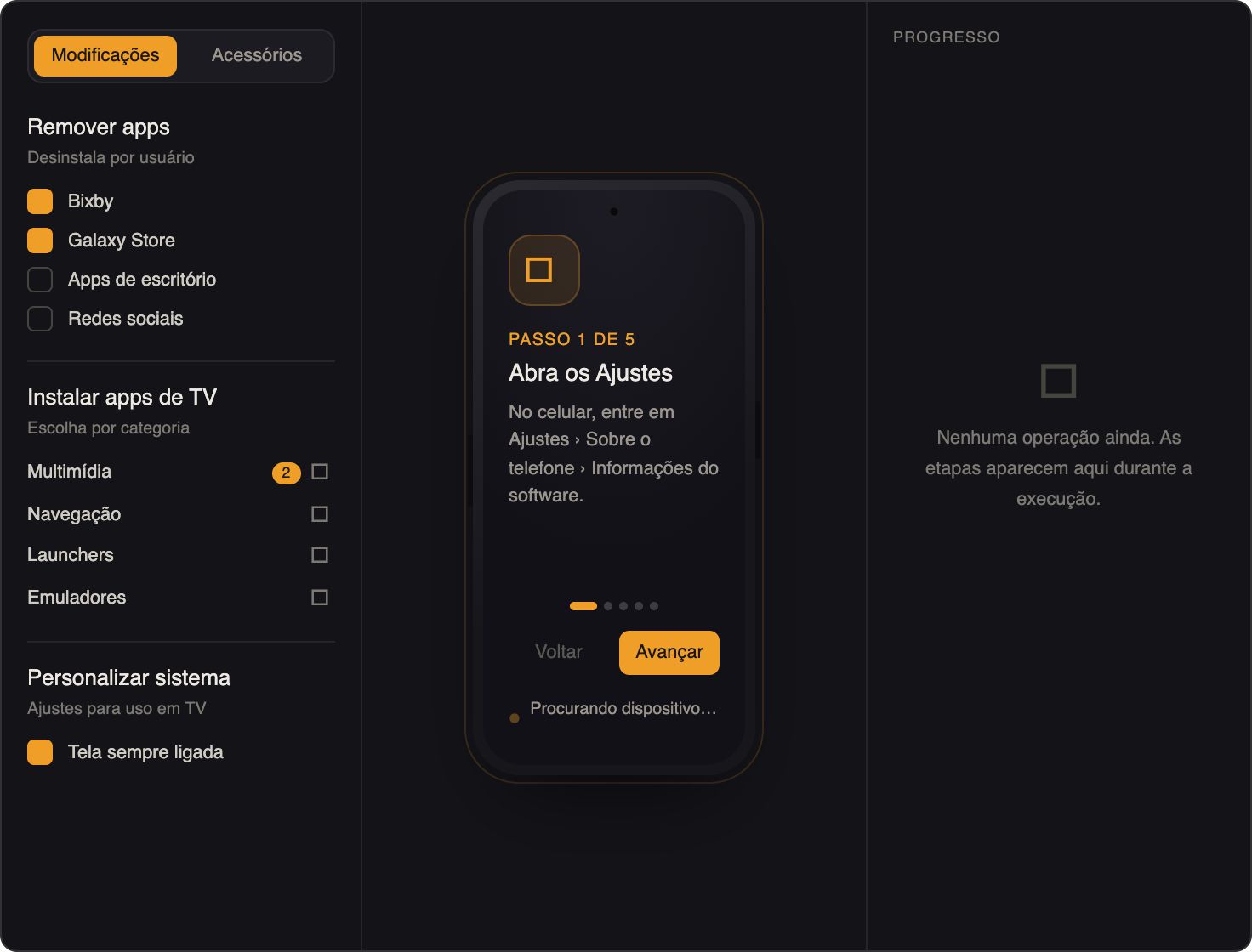 Interface do DexArmor: painel de modificações à esquerda, o celular Samsung ao centro com o tutorial passo a passo, e o painel de progresso à direita.